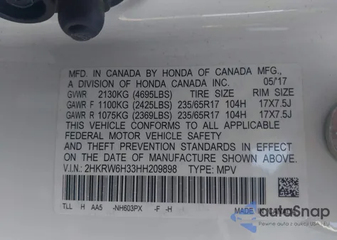 2017 Honda Cr-V Lx from USA, damaged, VIN 2HKRW6H33HH209898